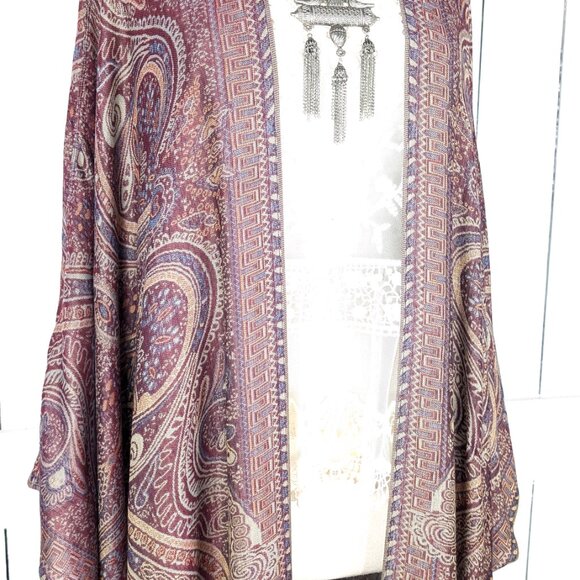 Grey burgundy tribal paisley pashmina kimono cover up jacket - Picture 4 of 6